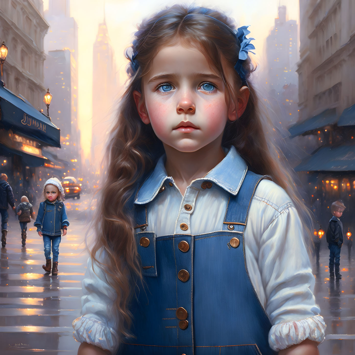 Digital painting of young girl with blue eyes and brown hair in rainy urban scene