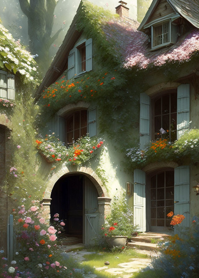 Sunlit cottage with ivy, flowers, open doorway, and windows