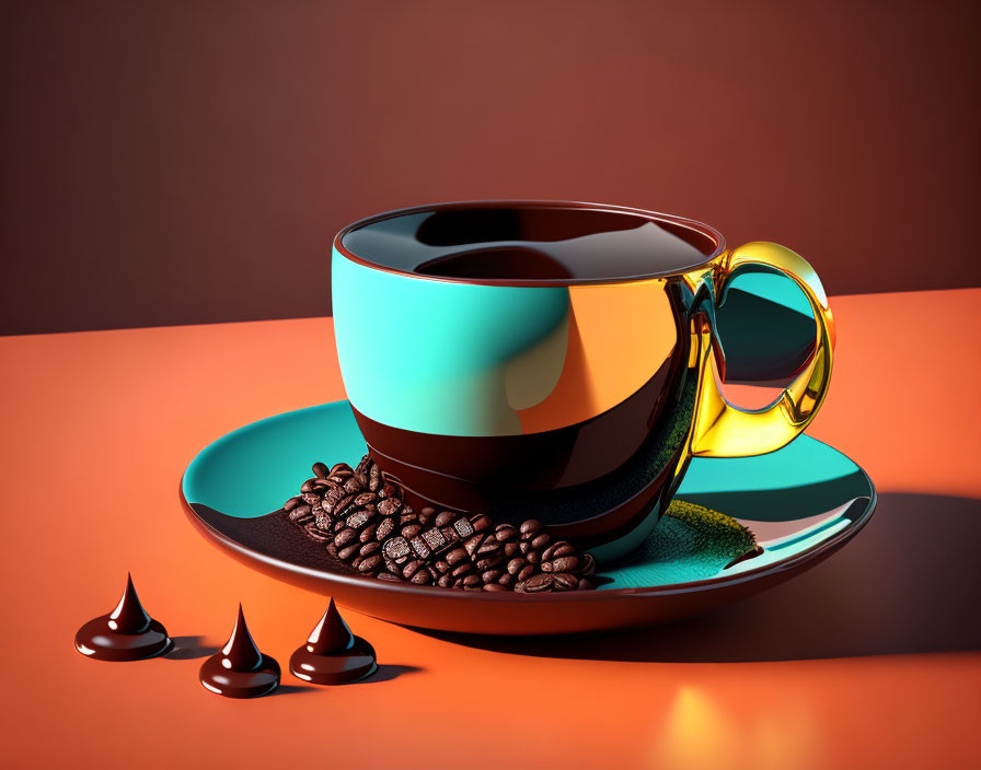 Vibrant coffee cup with beans, sunglasses, and chocolate on colorful surface