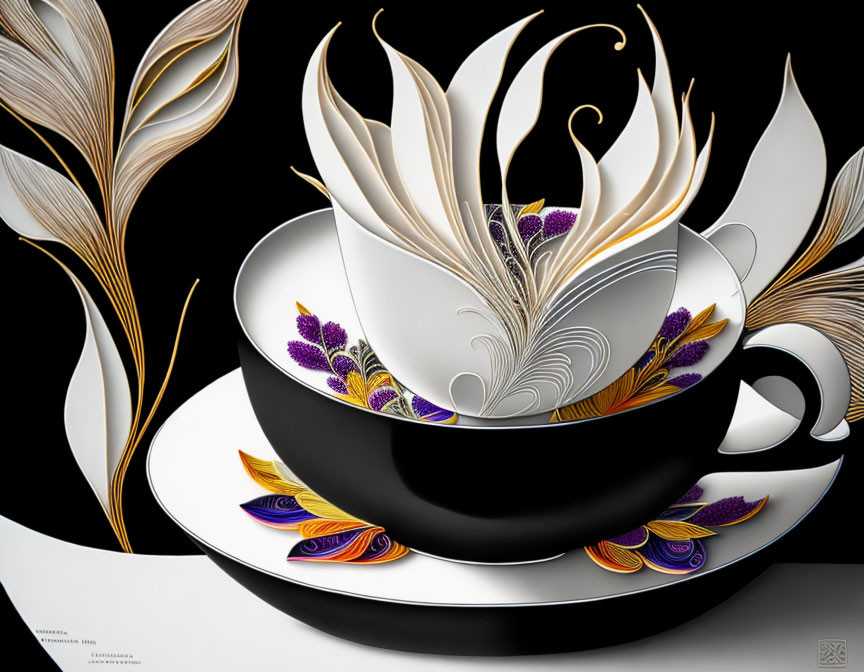 Monochrome teacup with ornate, colorful feather-like steam