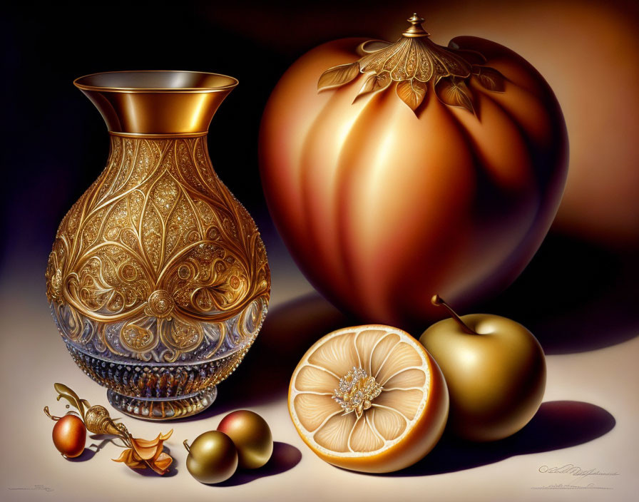 Intricate golden vase with amber sphere and fruits on dark surface