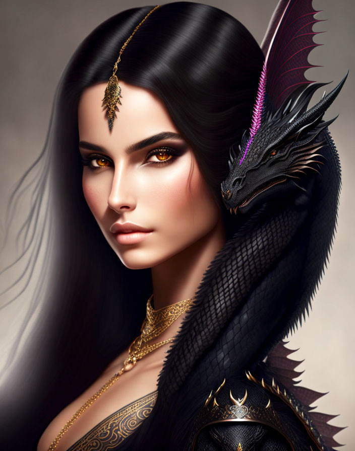 Woman with Striking Eyes and Gold Jewelry Bonding with Mystical Black Dragon