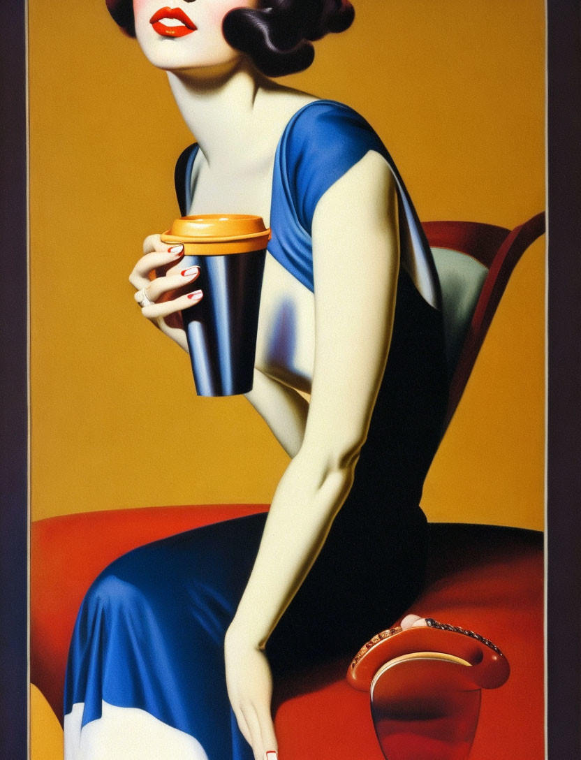 Illustration of woman with red lipstick holding coffee cup in blue dress.