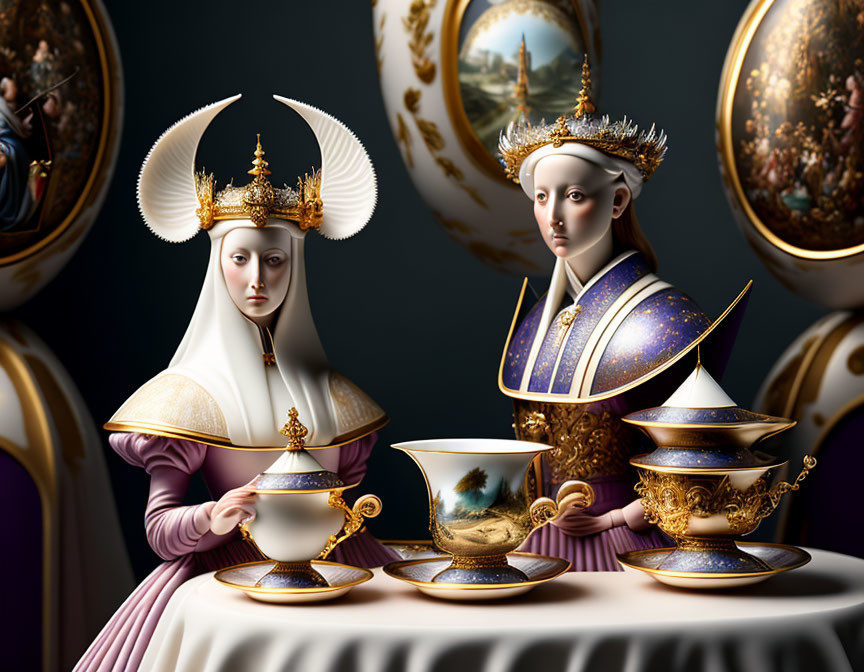 Regal surreal figures with elaborate headpieces at ornate teatime table