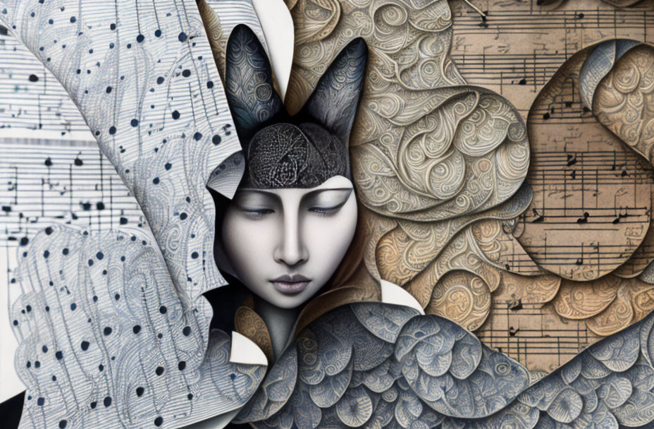 Abstract woman's face with intricate patterns on musical sheet background