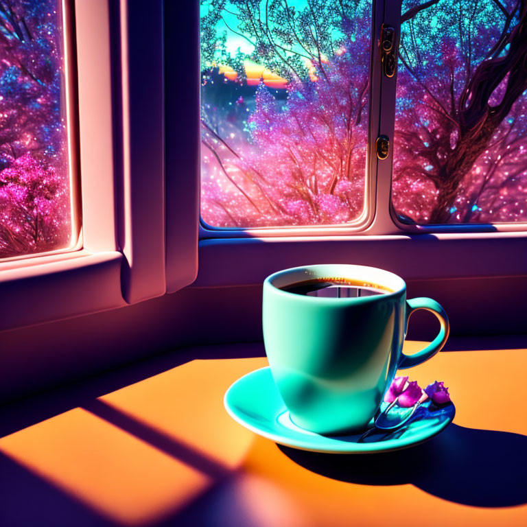 Coffee cup on saucer with spoon and petals by window overlooking magical forest at sunset