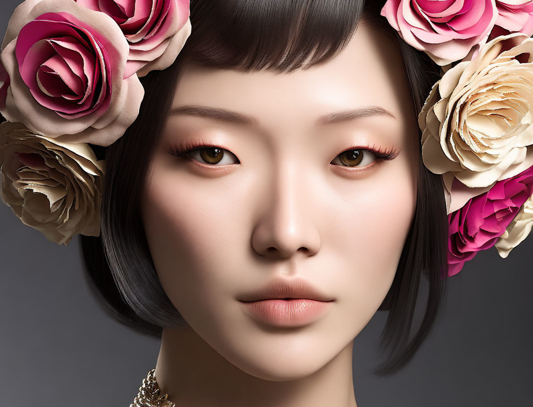 Digital portrait: Woman with pink and cream floral headpiece, subtle makeup, bob-cut hair