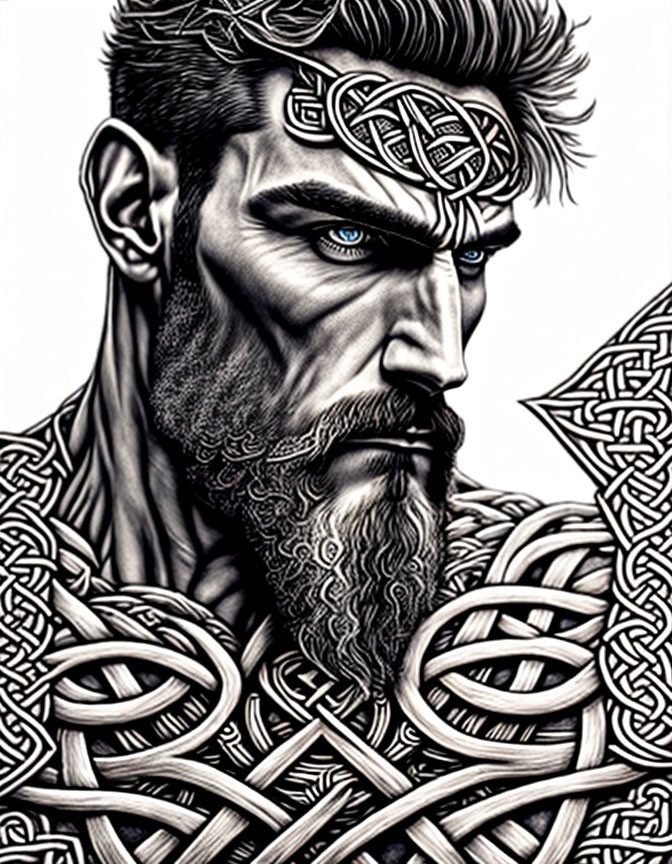 Monochromatic stylized man with blue eyes and Celtic knot designs.