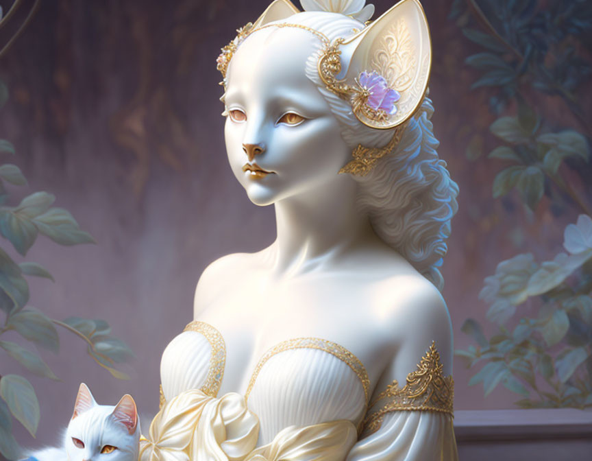 Surreal female bust with feline features and gold accents next to a white cat