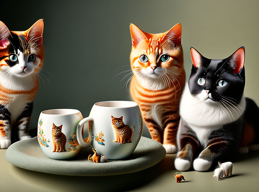 Three expressive-eyed cats & cat mugs on green surface.