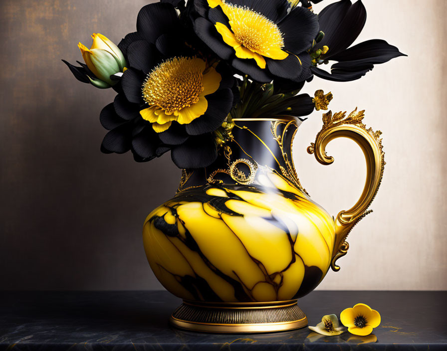 Yellow and Black Patterned Vase with Golden Handle and Yellow Flowers on Textured Background