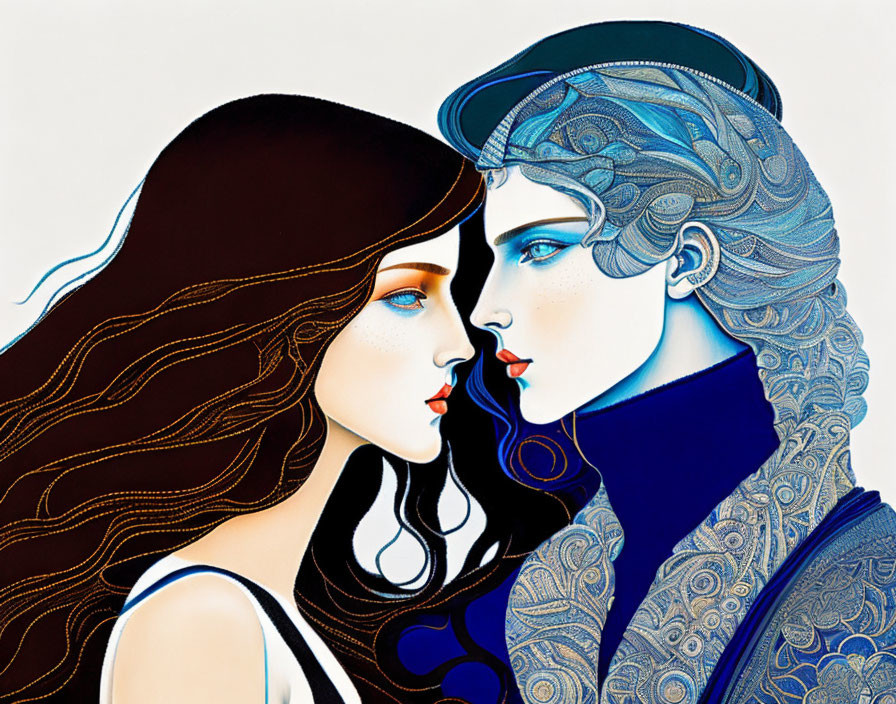 Stylized female figures in black and blue with intricate patterns face each other