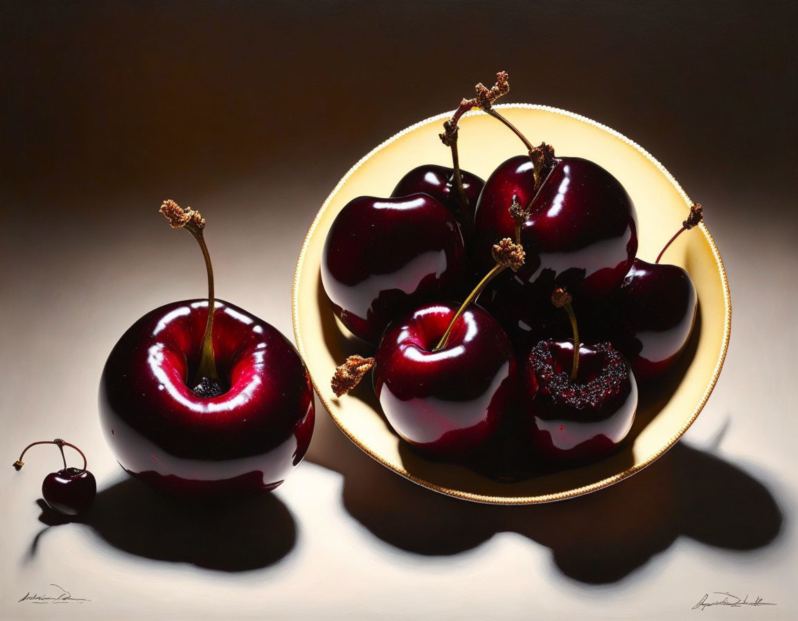 Ripe cherries on plate with isolated cherry on reflective surface