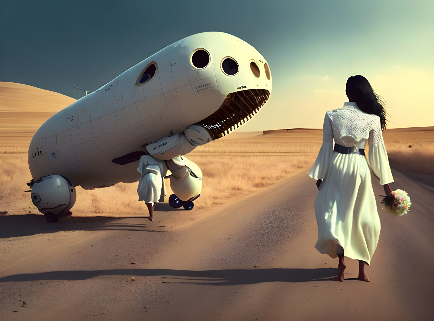 Woman in white dress approaching whimsical aircraft in desert landscape