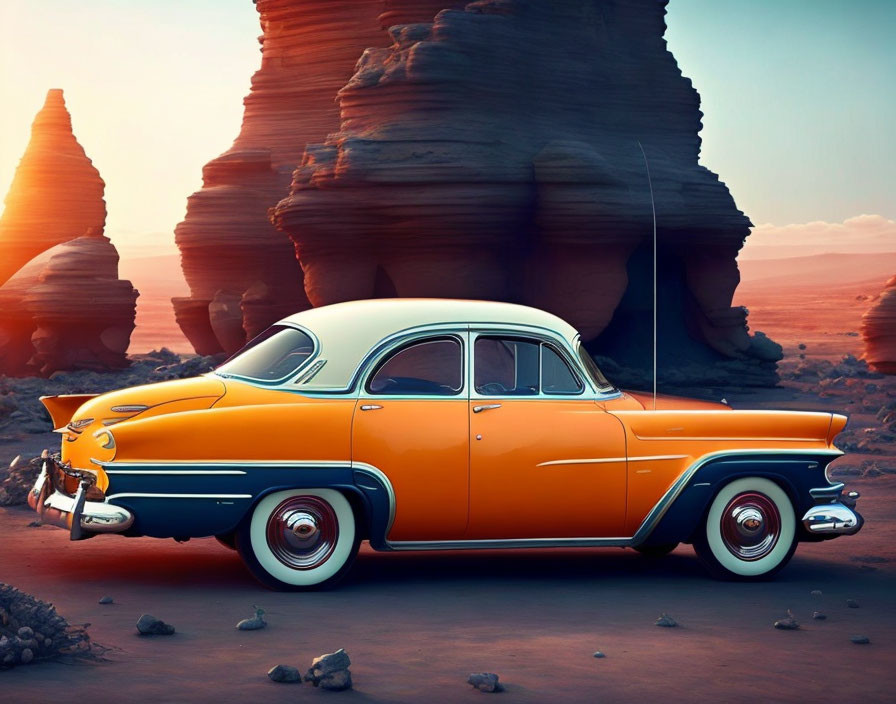 Vintage orange car parked in desert landscape.