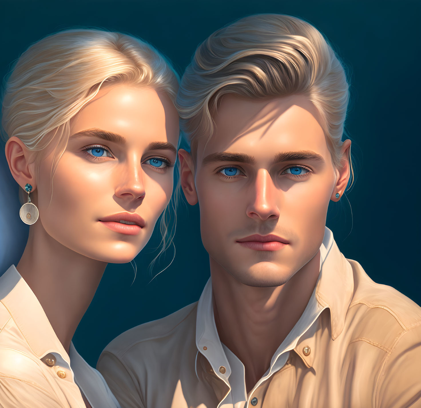 Photorealistic illustration of blonde woman and man with blue eyes in light-colored attire on blue backdrop