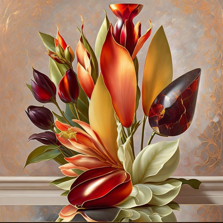 Stylized flowers in warm autumn hues against textured backdrop