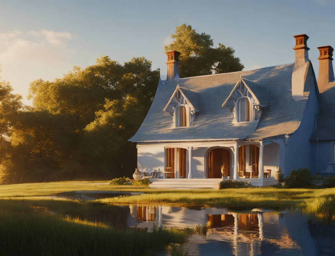 Blue house with tall chimneys by serene pond in golden sunlight