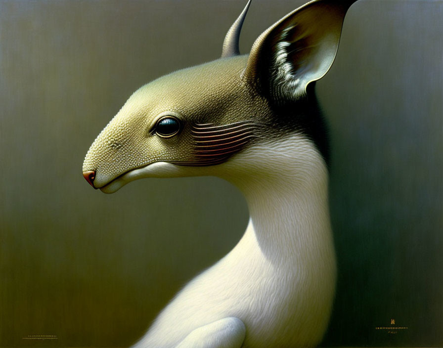 Stylized surreal creature: kangaroo-deer hybrid with sleek neck.