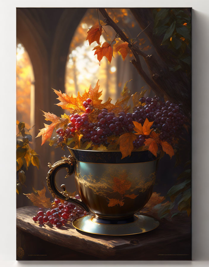 Golden cup with grapes and autumn leaves in warm sunlight