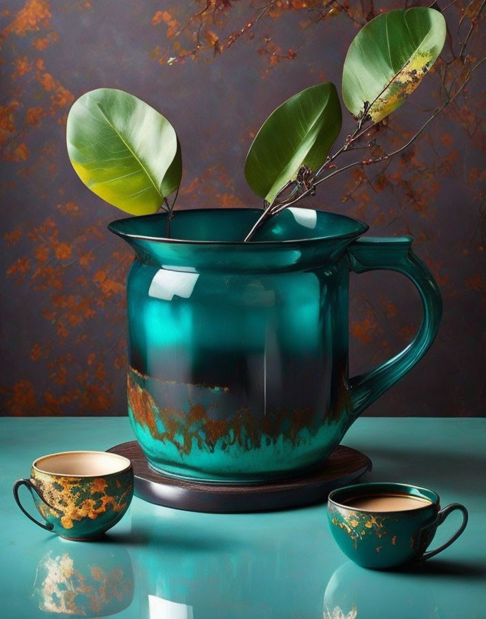 Teal Cup with Plant Sprigs and Matching Cups on Reflective Surface