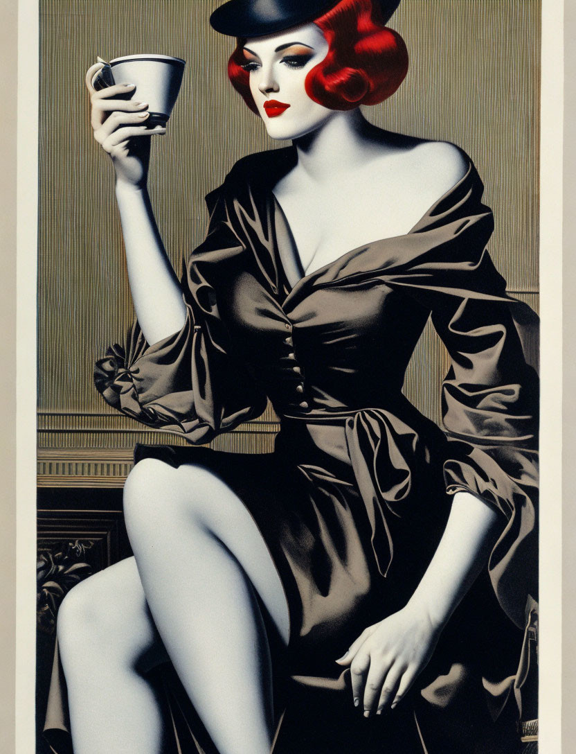 Stylized illustration of elegant woman with red hair in retro fashion setting