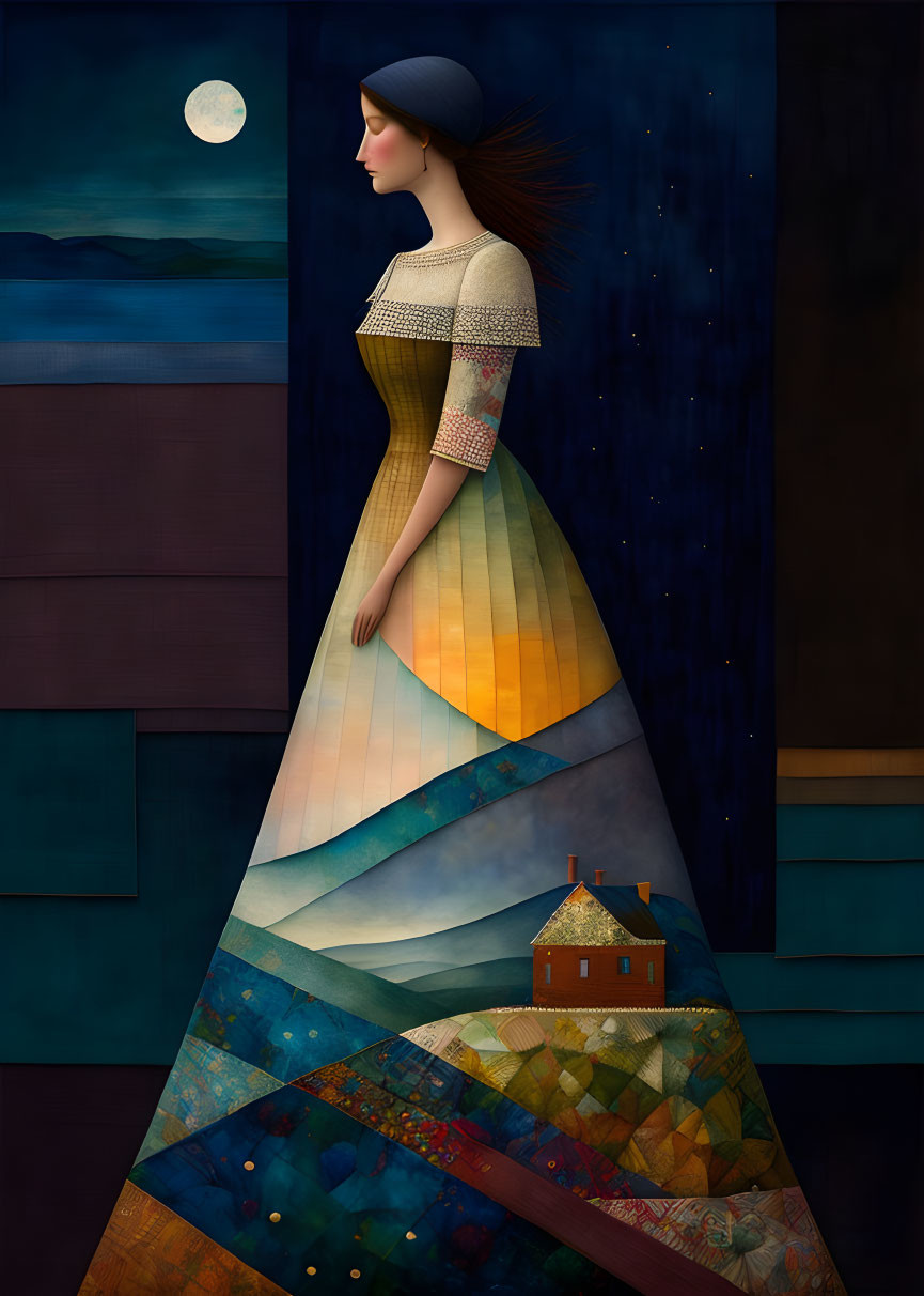 Surreal woman illustration with landscape dress under night sky