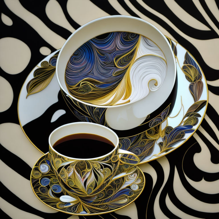 Swirling Pattern Designs on Elegant Cups and Saucers on Black and White Background