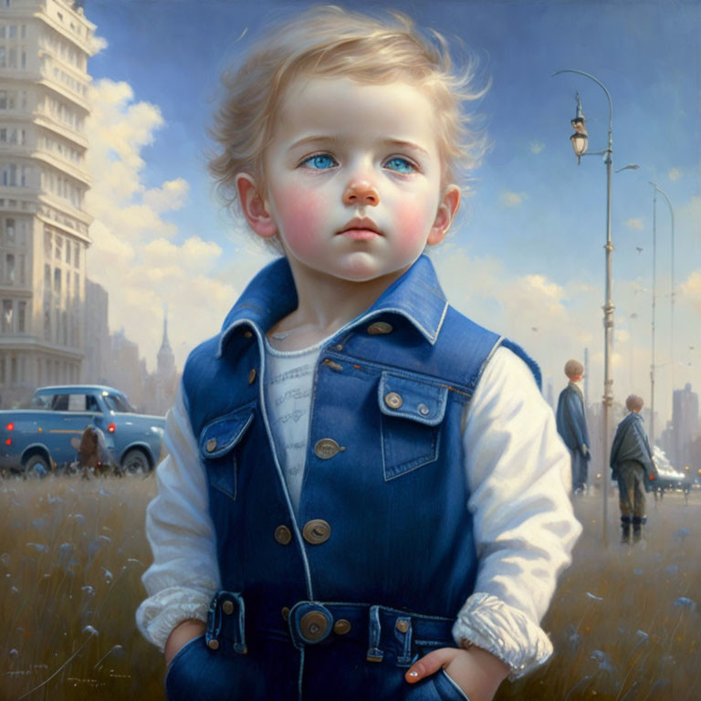 Portrait of young child with blue eyes and blond hair in denim vest against urban street backdrop