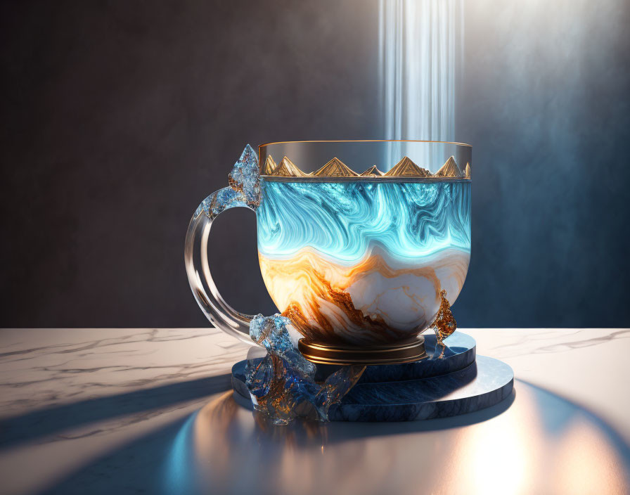 Swirling blue and white marble pattern mug with gold accents under light