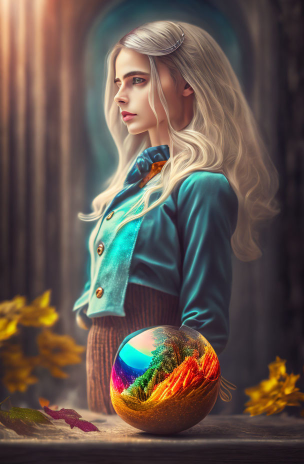 Blonde person with circlet near colorful orb in mystical forest