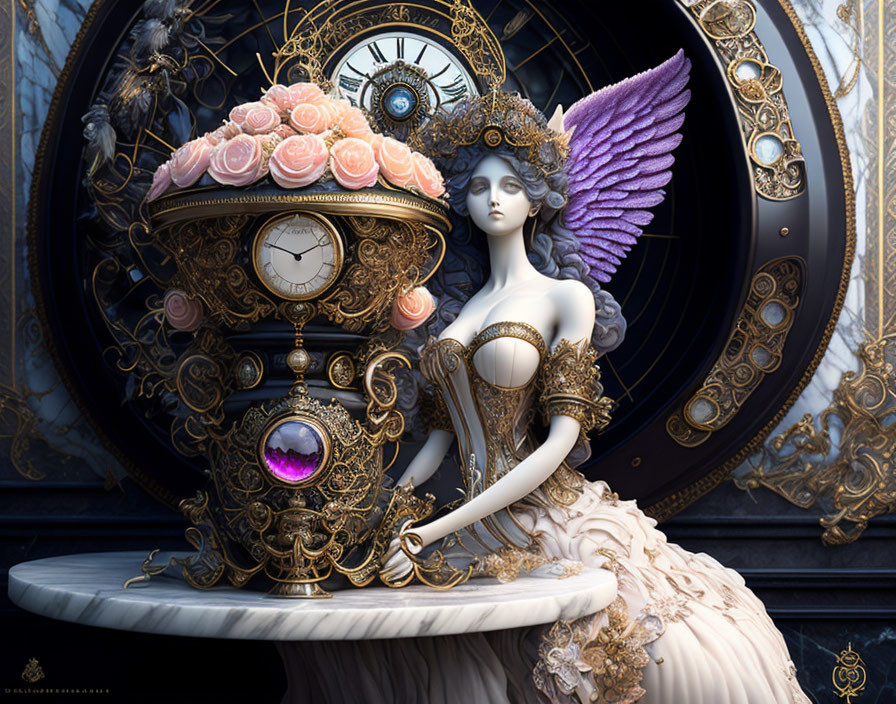 Steampunk-inspired fantasy art with female figure in Victorian attire and mechanical elements.