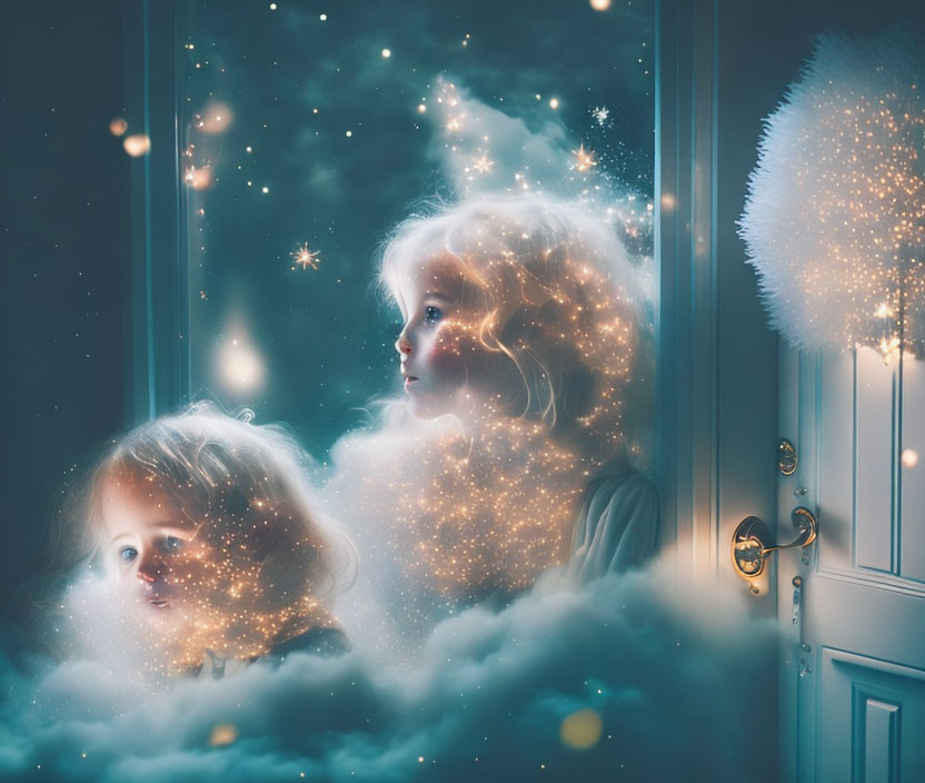 Children admiring star-filled night sky through window.