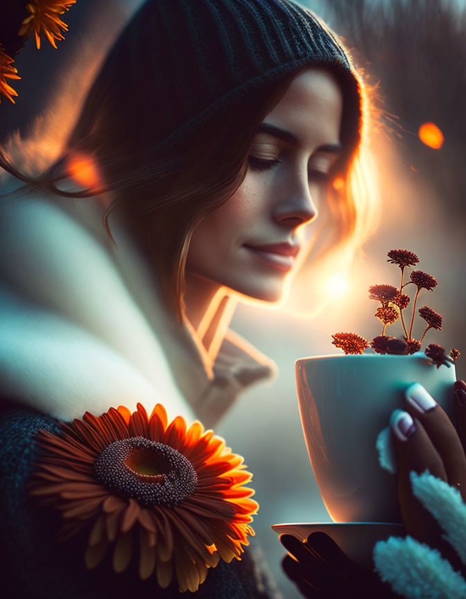 Serene woman in beanie with warm cup and cozy autumnal setting