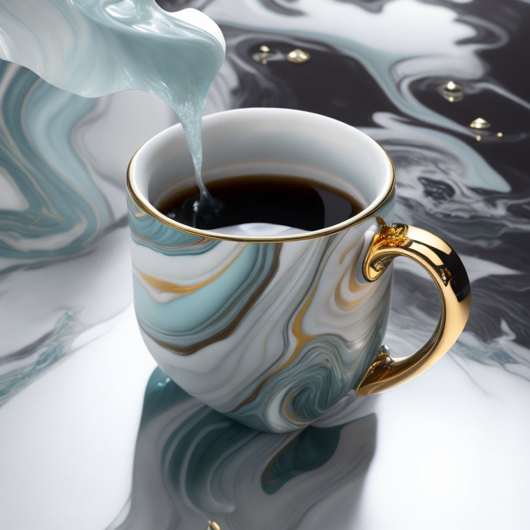 Patterned Porcelain Cup with Gold Handle and Pouring Fluid on Reflective Surface