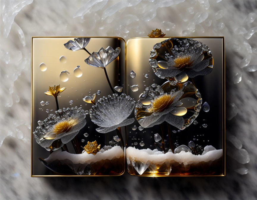 Golden pages open book with 3D silver and gold flowers on textured background