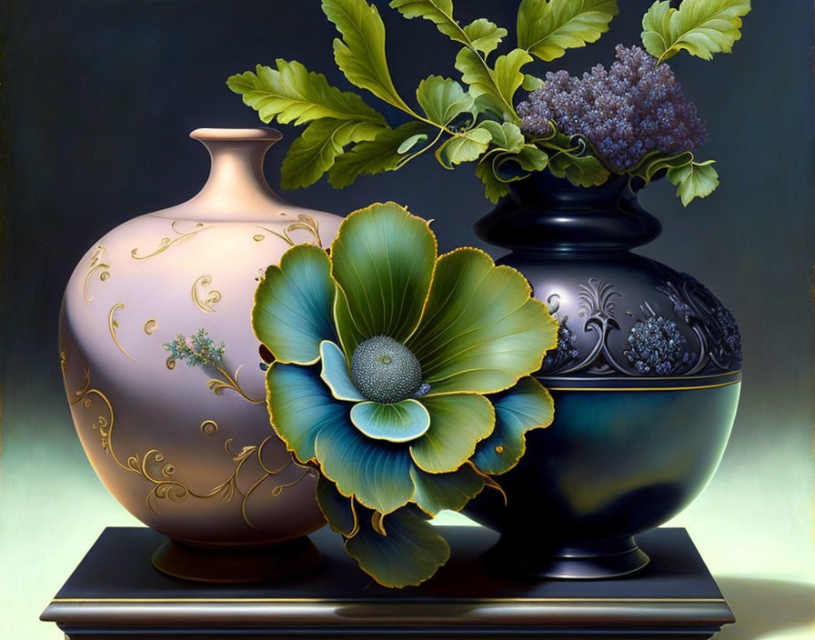 Ornate vases with floral design and decorative bloom in still life painting