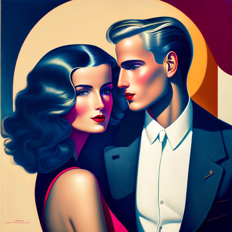 Illustration of glamorous couple with voluminous hair, red lips, and vintage style