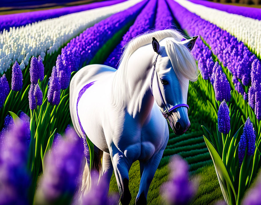 White horse in vibrant flower field under bright sunlight