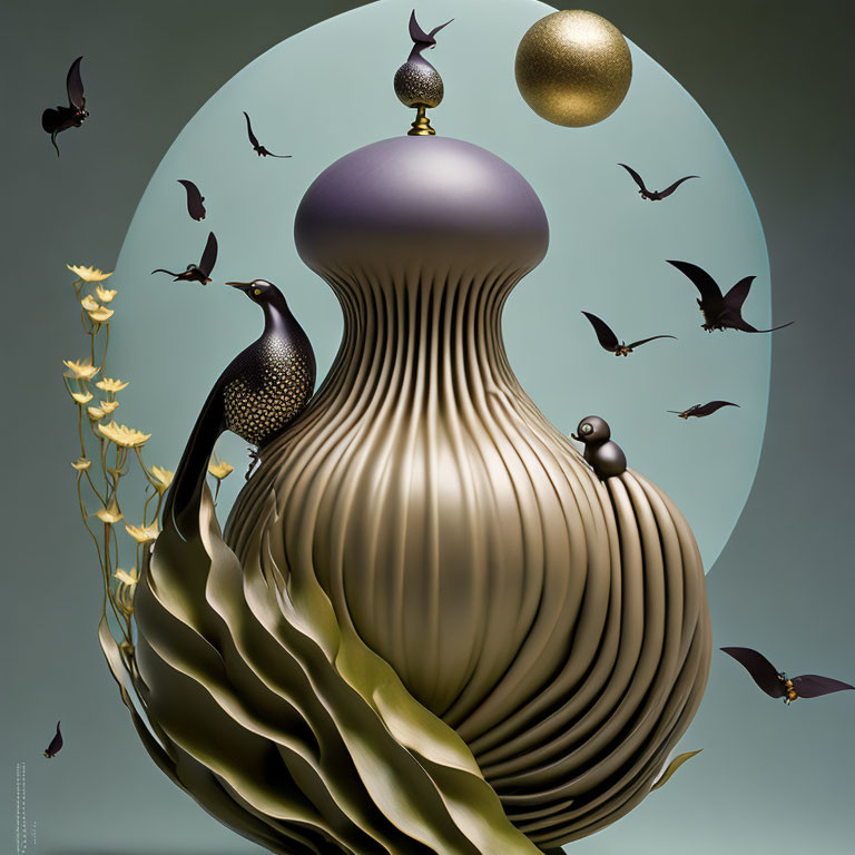 Surreal golden sculpture with birds and globe on grey backdrop