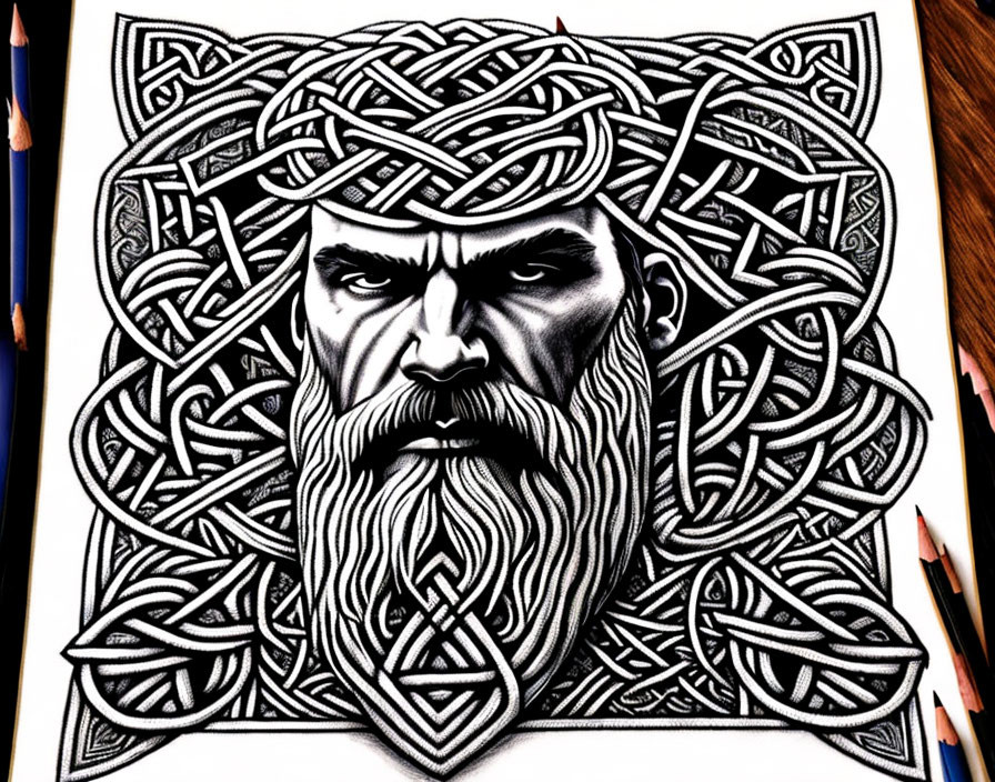 Detailed black and white illustration of bearded man with Celtic knot patterns, surrounded by pencils on table