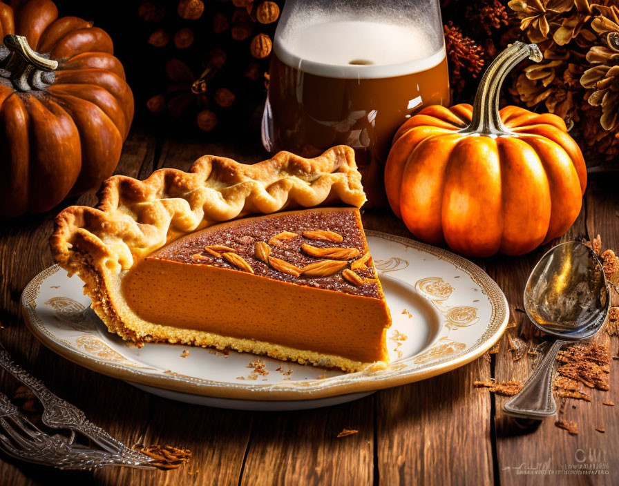 Pumpkin pie slice with pecans, pumpkins, candle, and milk on decorative plate