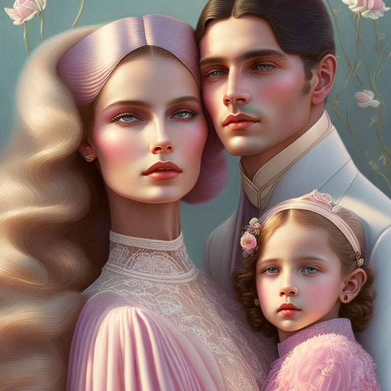 Vintage-style family digital illustration with elegant attire and pastel colors