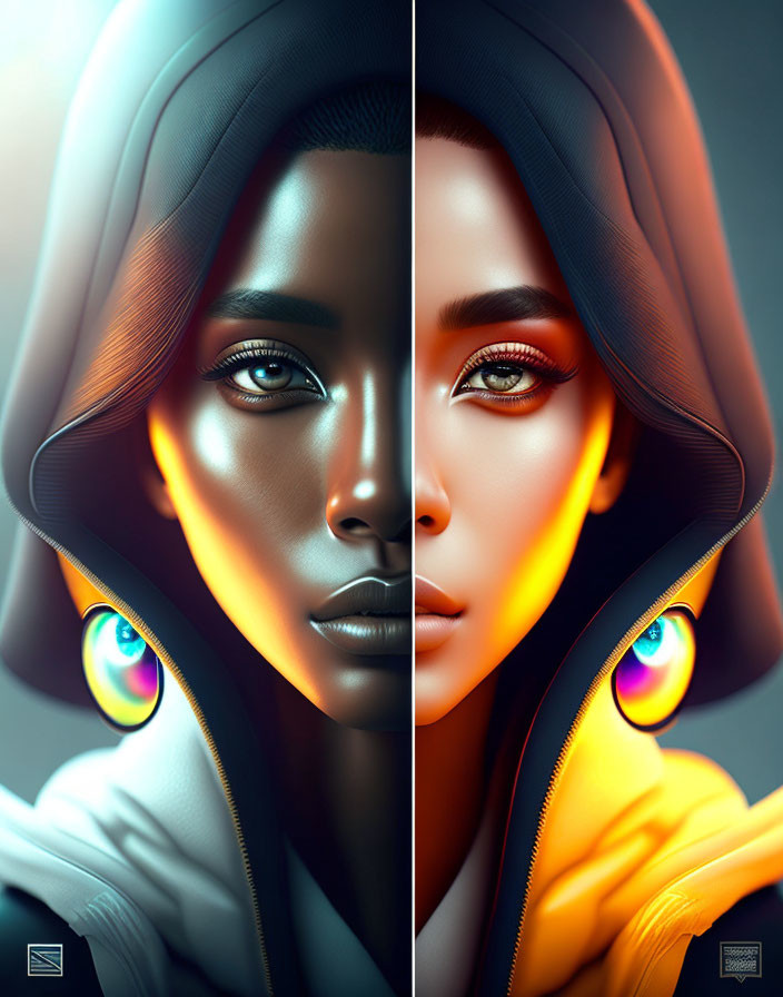 Digital portrait of person with hood and glowing eyes in blue and yellow light