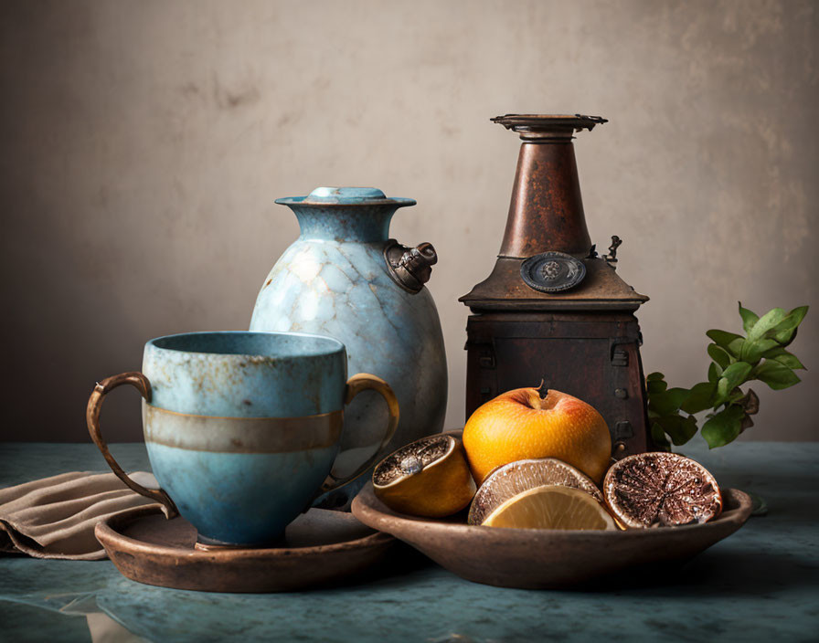 Classic Still Life with Blue Teapot, Coffee Grinder, Fruits, and Green Plant