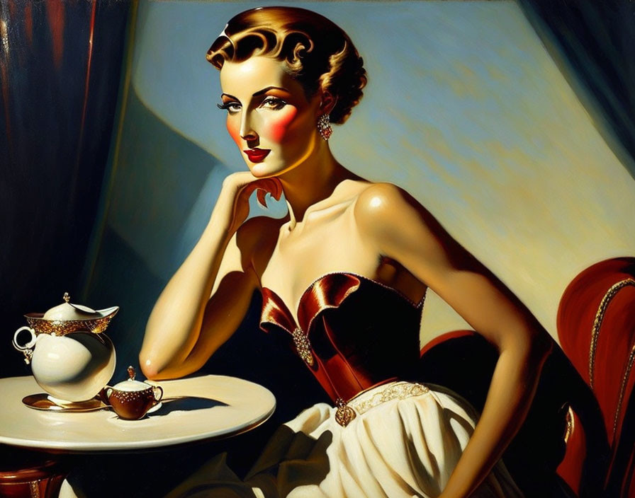 Vintage-style gown woman exudes classic glamour at table with teapot