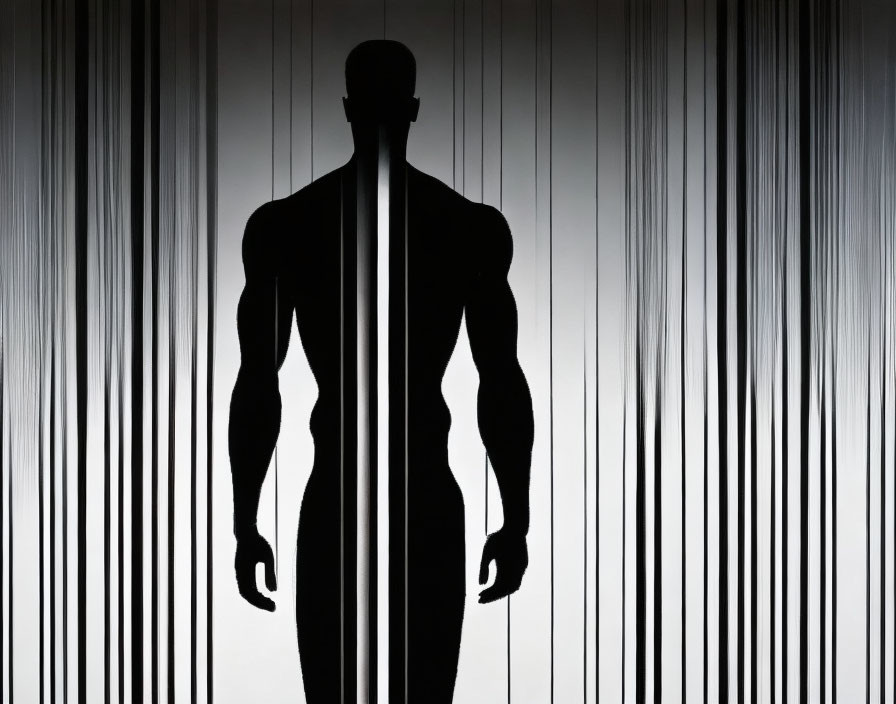 Muscular Human Figure Silhouetted Against Vertical Light and Shadow Stripes