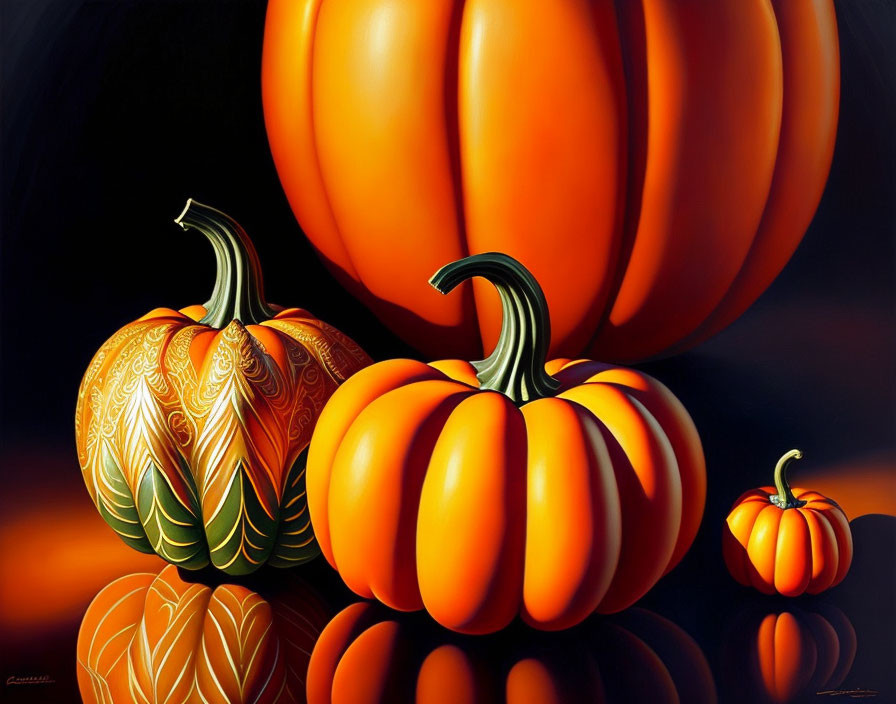 Vibrantly colored pumpkins with intricate patterns on a dark background