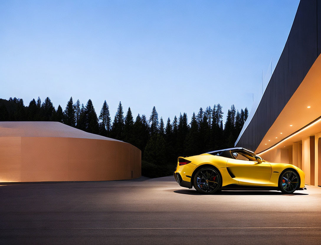 Yellow sports car parked outside modern building at dusk with tall pine trees backdrop.