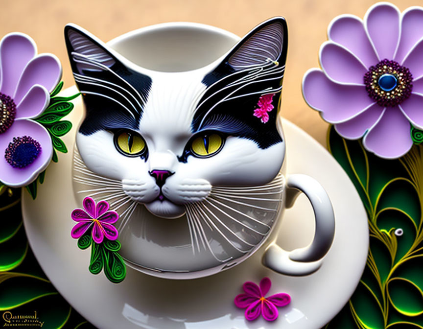 Whimsical Cat Face Cup with Black and White Markings and Colorful Flowers